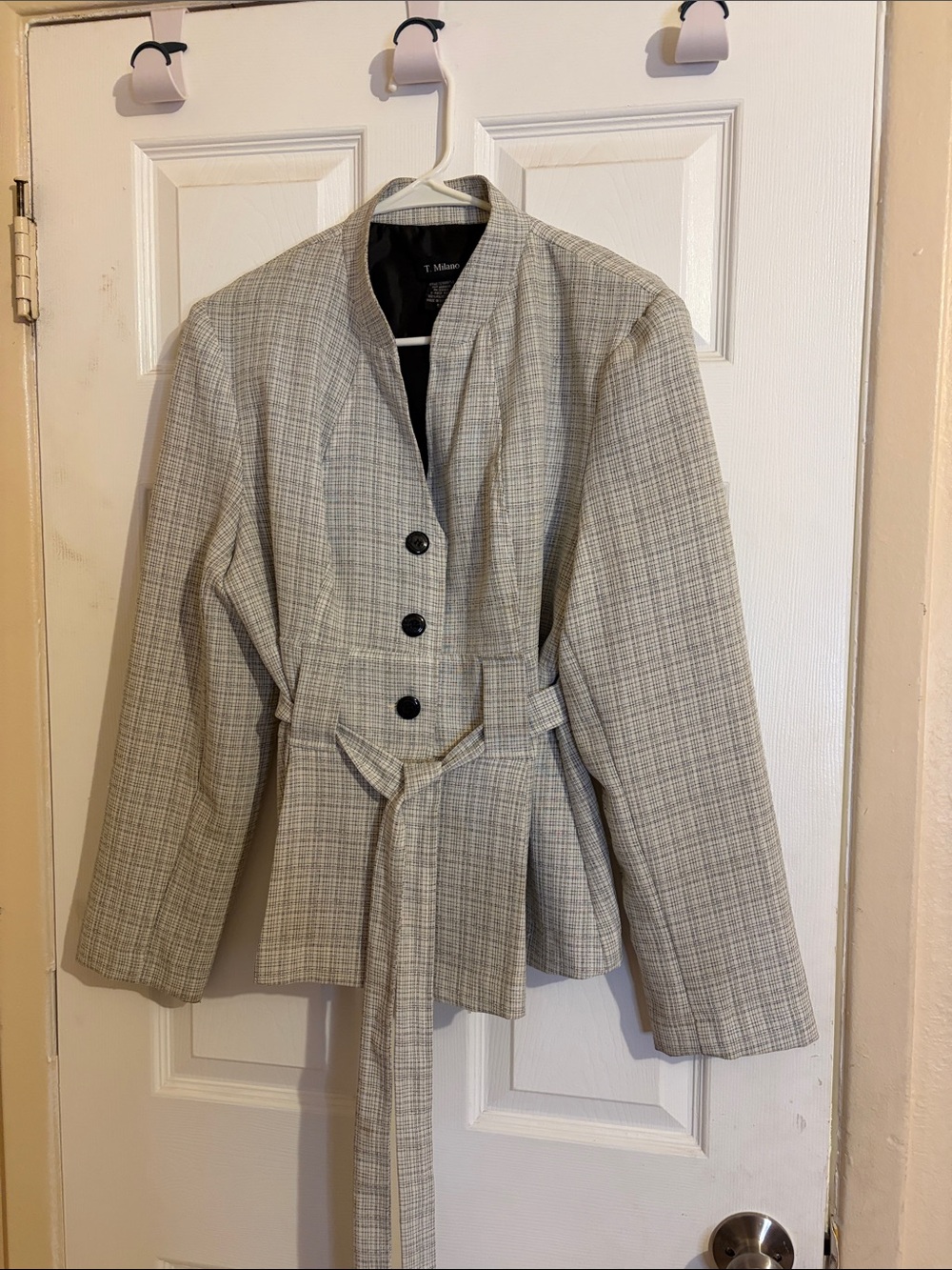 T. Milano Light Gray Plaid Belted Blazer